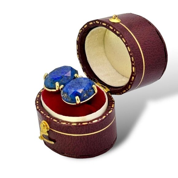 NWT Oval Stud Earrings Natural Lapis Lazuli 18K Gold Plated Setting - Picture 7 of 12